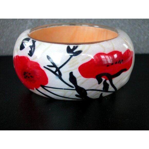 Red & White Floral Wide Bangle Bracelet Wooden Interior Acrylic Exterior - Picture 2 of 3